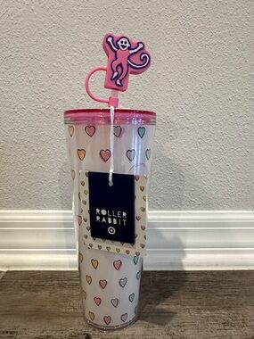 Roller Rabbit x Target Multi-Heart Tumbler with Pink Lid and Monkey Straw Topper
